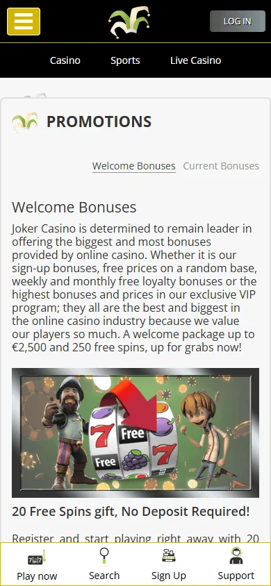 Joker Casino promotions view accessed through a mobile browser