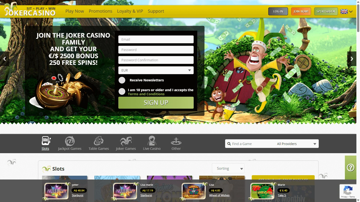 Joker Casino desktop home view with casino offers and account access