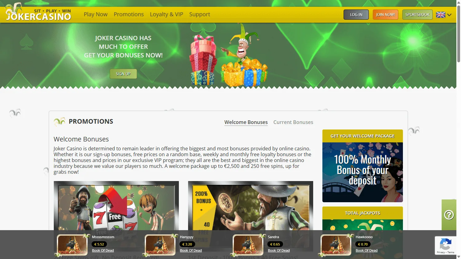 Joker Casino desktop promotions view with welcome and recurring offers
