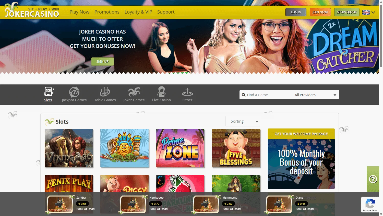 Joker Casino desktop games view with slots and casino categories